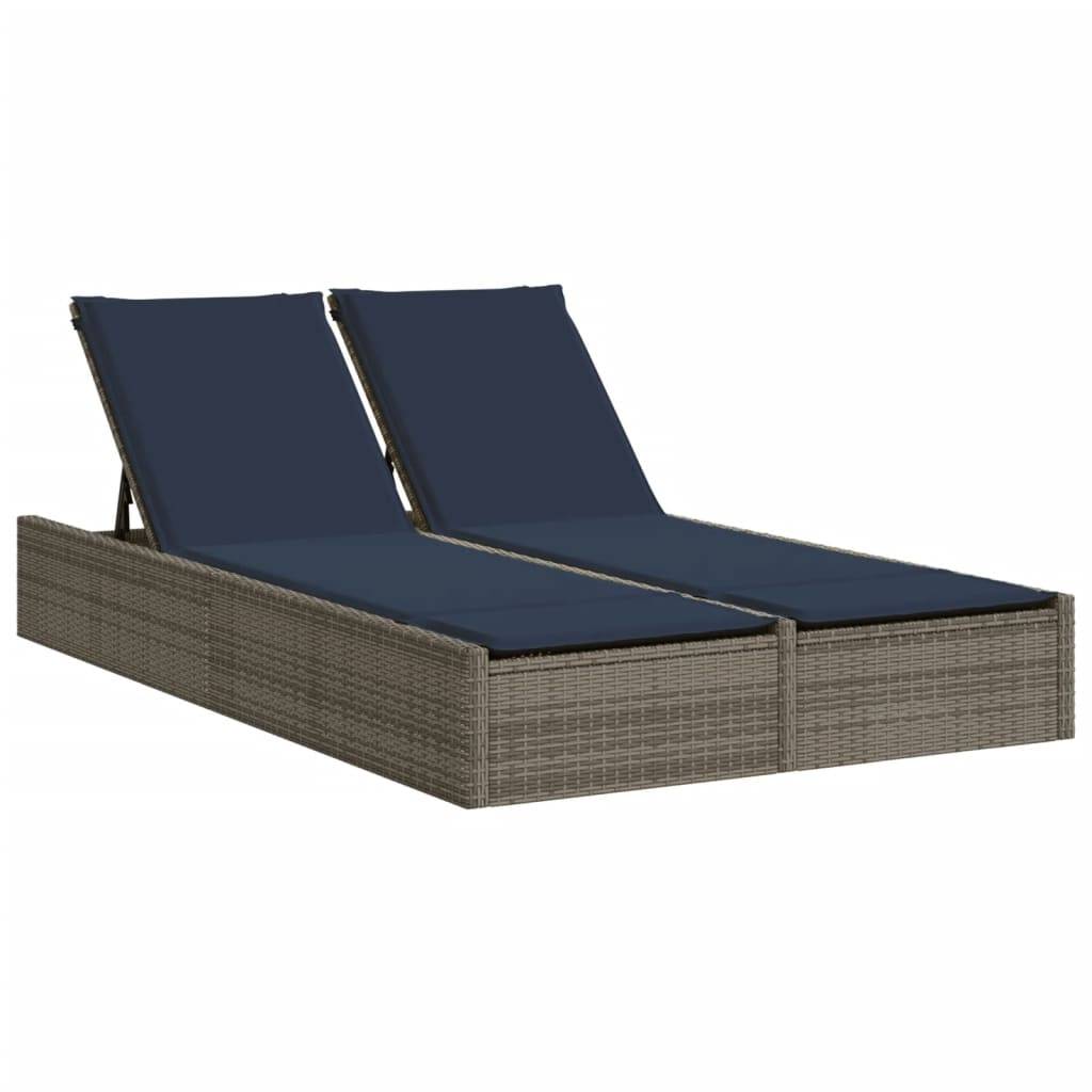 Chaise longue | Transat | Bain de soleil double avec coussins gris résine tressée - Image 1