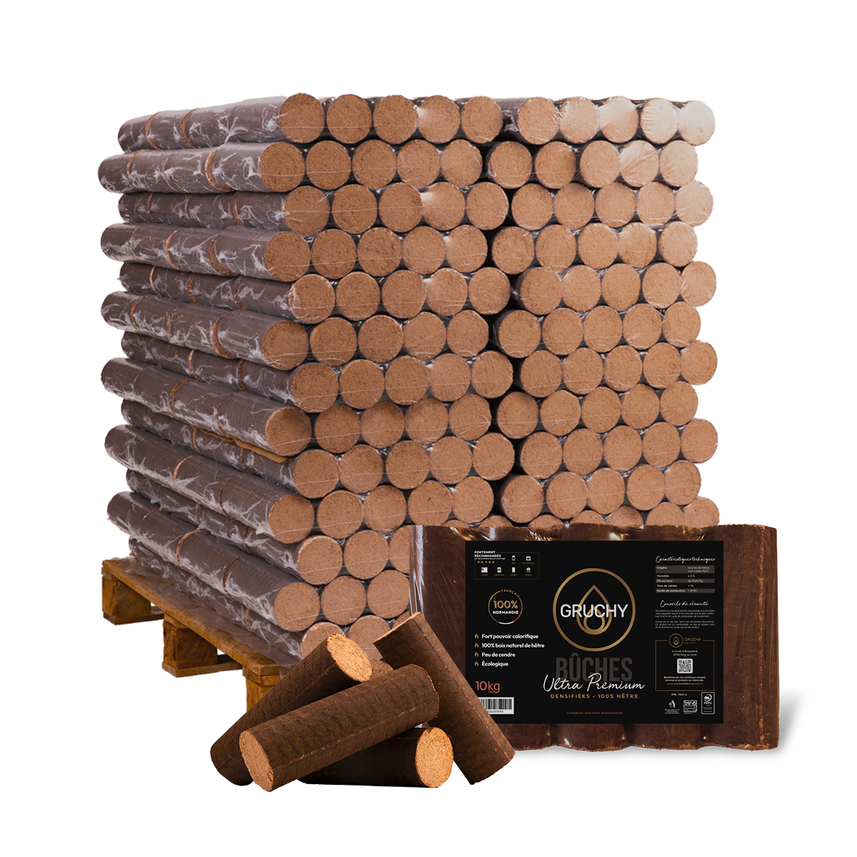 GRUCHY - Palette de bûches densifiées ULTRA PREMIUM GRUCHY -104 paquets de 10kg - 100% HÊTRE - Gruchy - Image 1