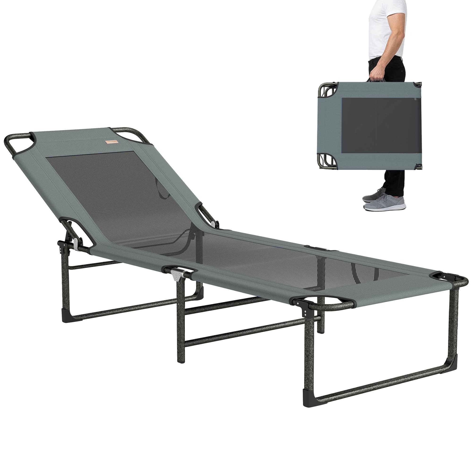 Chaise longue extérieure grise pliante inclinable 4 positions avec poignée de transport