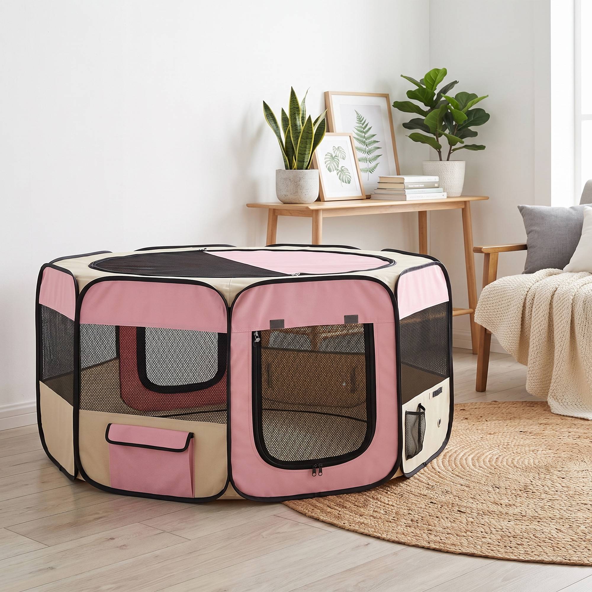 Parc pliable pour chiens et chats, parc portable pour petits animaux, tissu Oxford imperméable, Ø90 x 41 cm, rose - Image 10