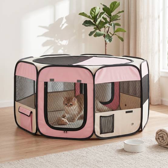 Parc pliable pour chiens et chats, parc portable pour petits animaux, tissu Oxford imperméable, Ø90 x 41 cm, rose - Image 3