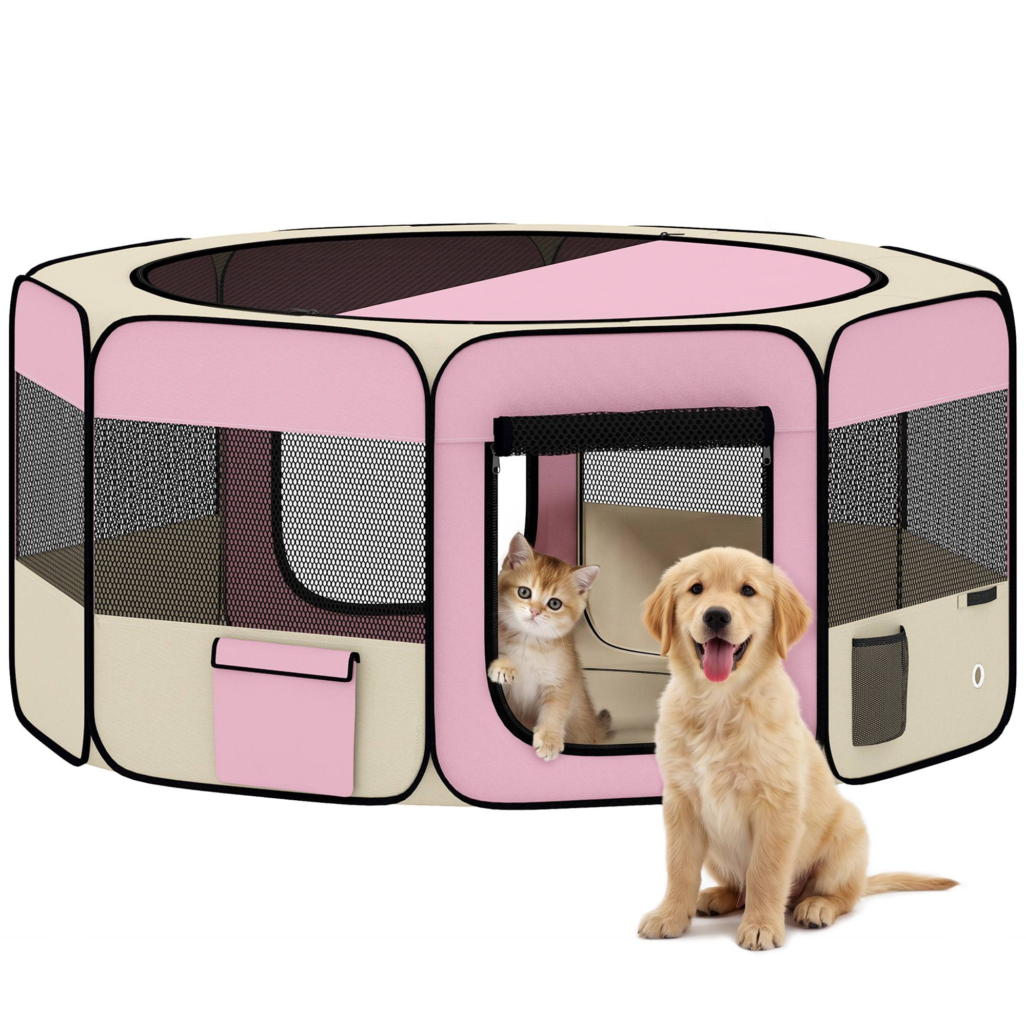 Parc pliable pour chiens et chats, parc portable pour petits animaux, tissu Oxford imperméable, Ø90 x 41 cm, rose - Image 1