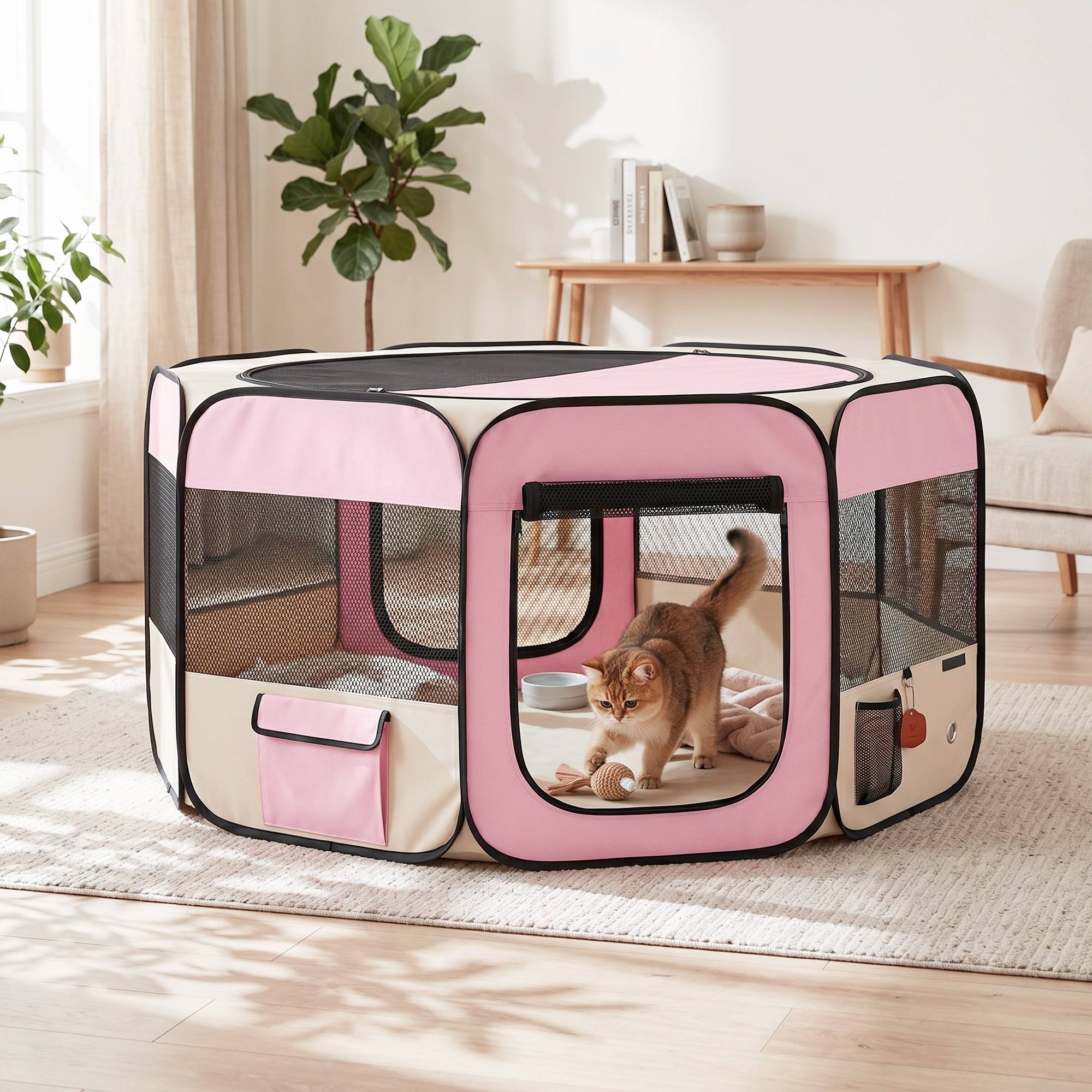 Parc pliable pour chiens et chats, parc portable pour petits animaux, tissu Oxford imperméable, Ø90 x 41 cm, rose - Image 4