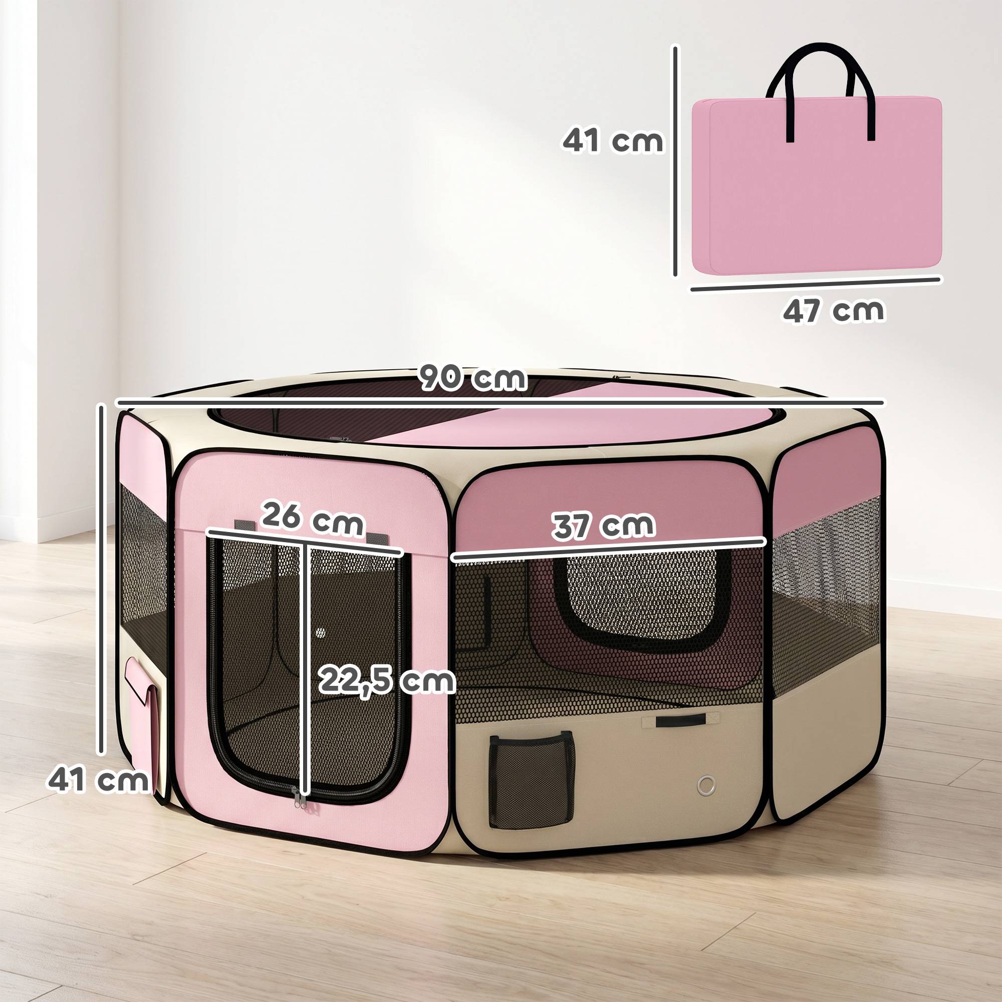 Parc pliable pour chiens et chats, parc portable pour petits animaux, tissu Oxford imperméable, Ø90 x 41 cm, rose - Image 5