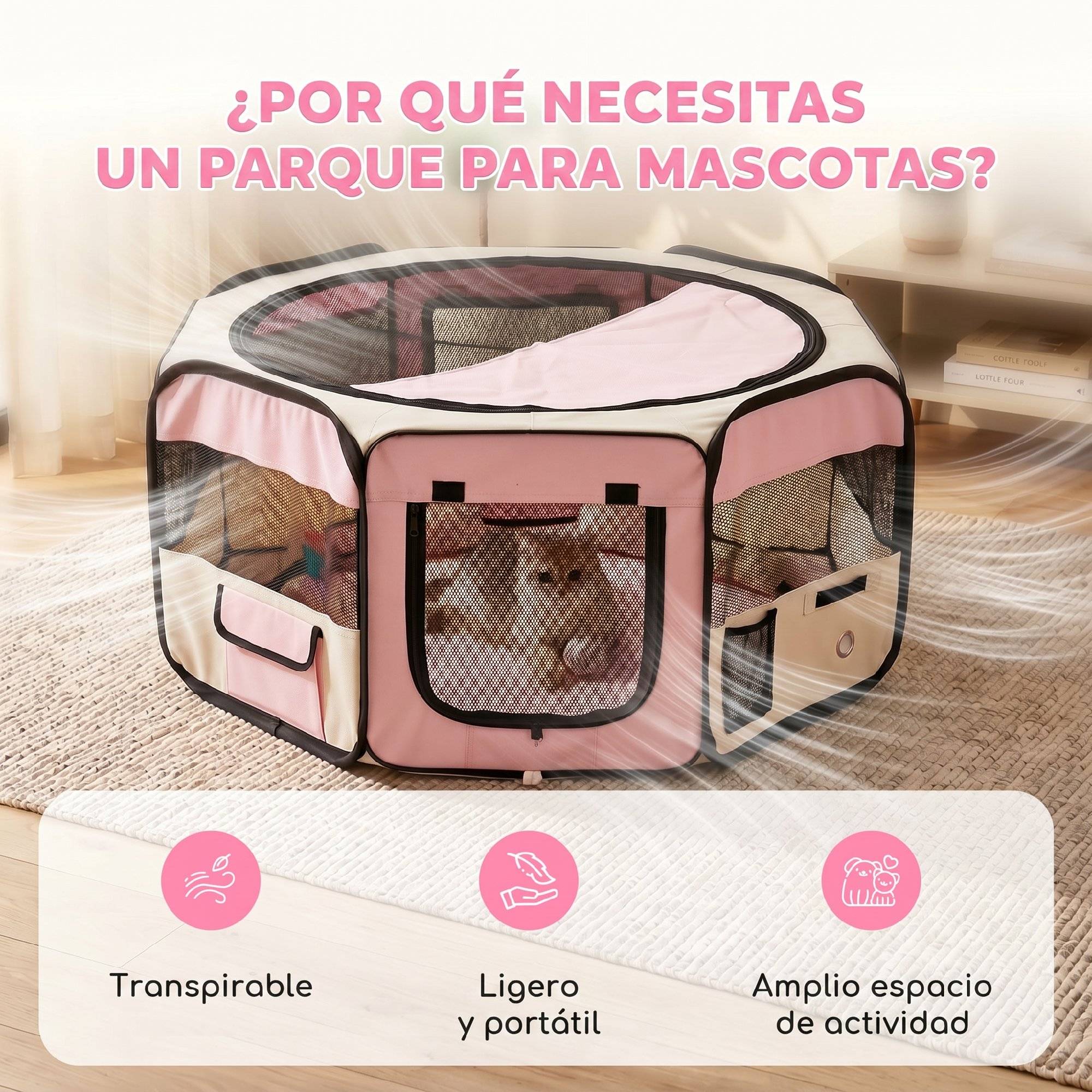 Parc pliable pour chiens et chats, parc portable pour petits animaux, tissu Oxford imperméable, Ø90 x 41 cm, rose - Image 6