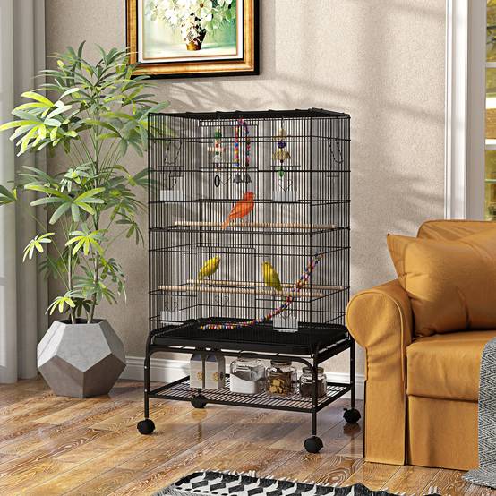 Cage pour oiseaux avec aire de jeu, roues, bac amovible et étagère, 64x45x110 cm, noir - Image 4