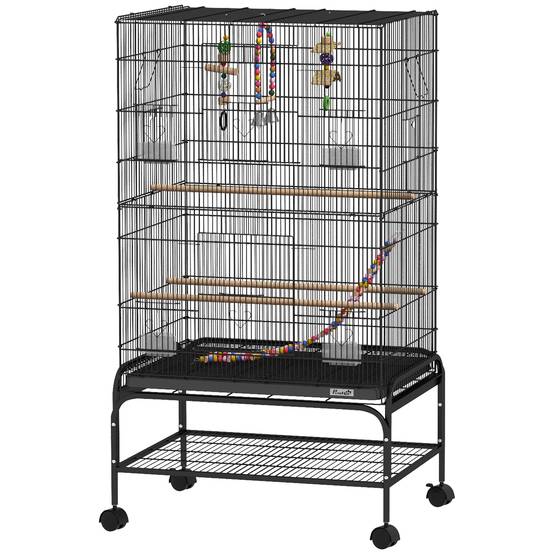 Cage pour oiseaux avec aire de jeu, roues, bac amovible et étagère, 64x45x110 cm, noir - Image 2