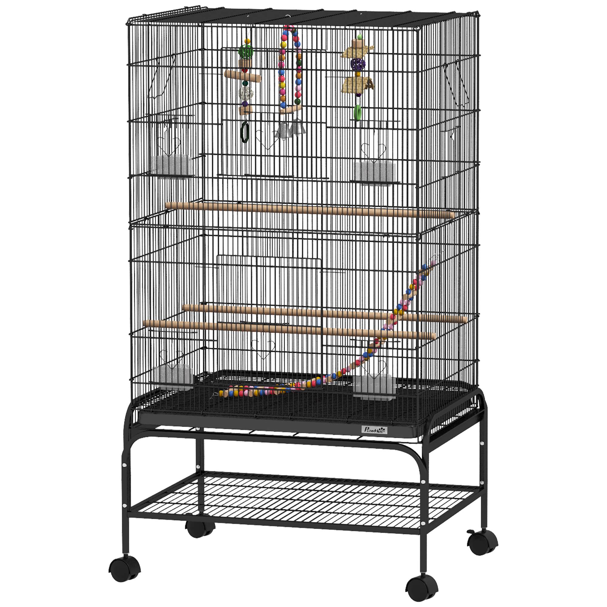Cage pour oiseaux avec aire de jeu, roues, bac amovible et étagère, 64x45x110 cm, noir - Image 2