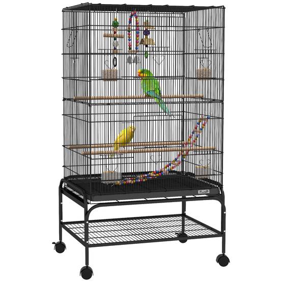 Cage pour oiseaux avec aire de jeu, roues, bac amovible et étagère, 64x45x110 cm, noir - Image 1