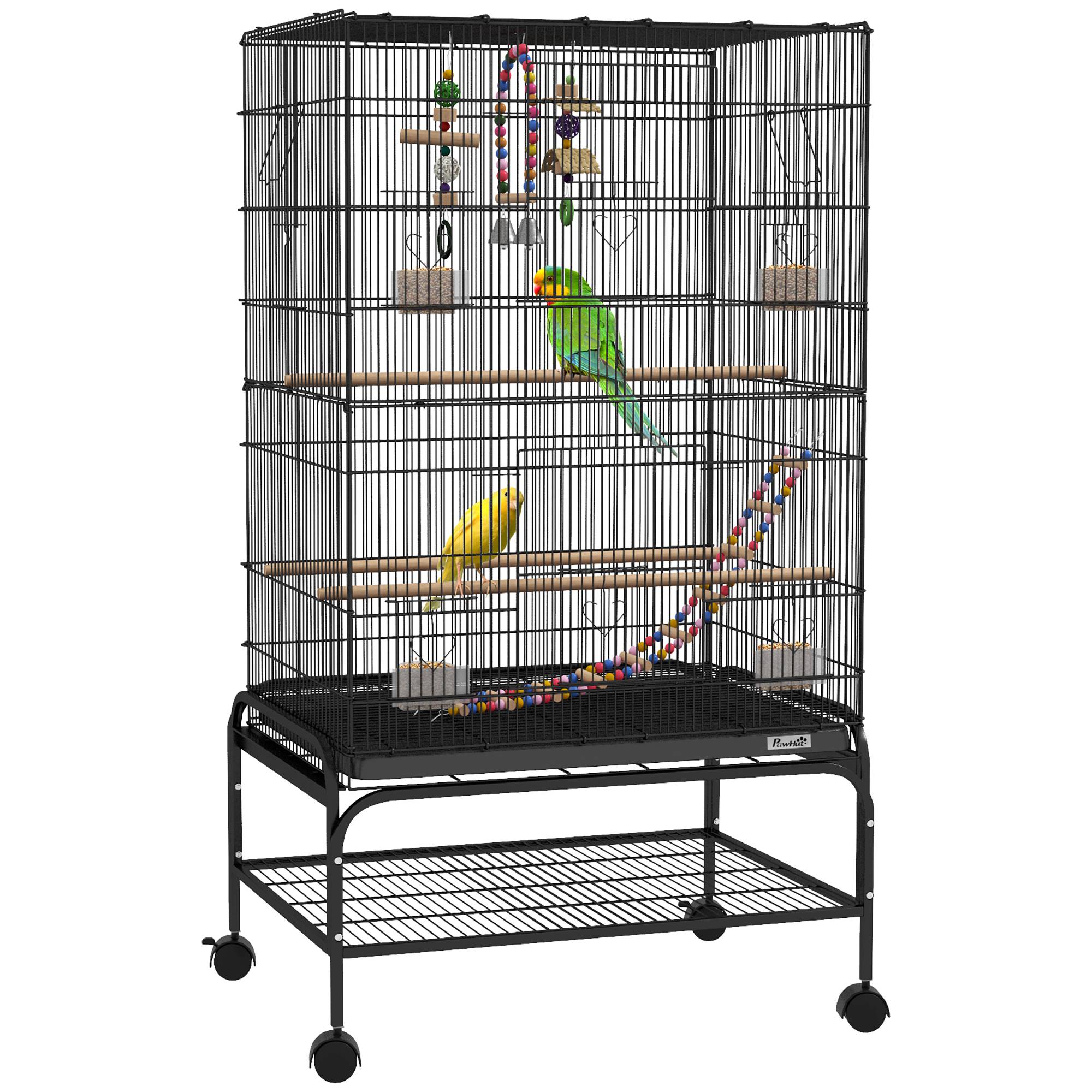 Cage pour oiseaux avec aire de jeu, roues, bac amovible et étagère, 64x45x110 cm, noir - Image 1