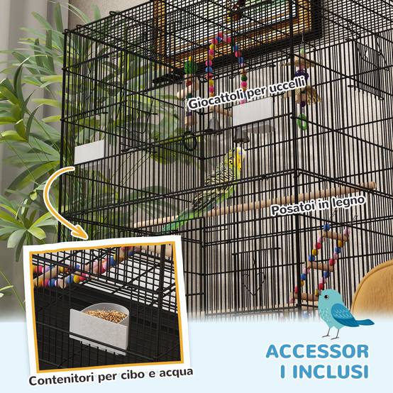 Cage pour oiseaux avec aire de jeu, roues, bac amovible et étagère, 64x45x110 cm, noir - Image 7