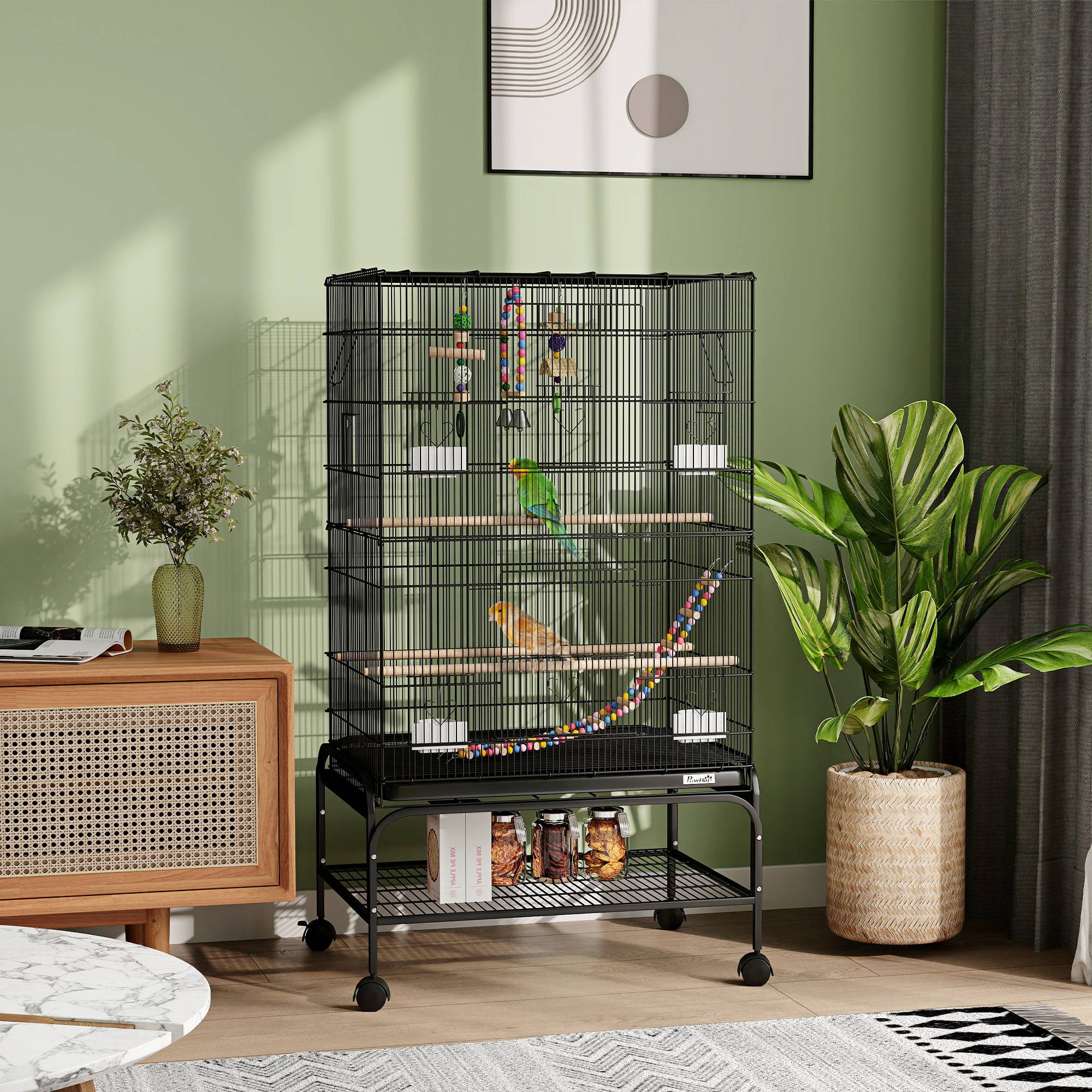 Cage pour oiseaux avec aire de jeu, roues, bac amovible et étagère, 64x45x110 cm, noir - Image 3