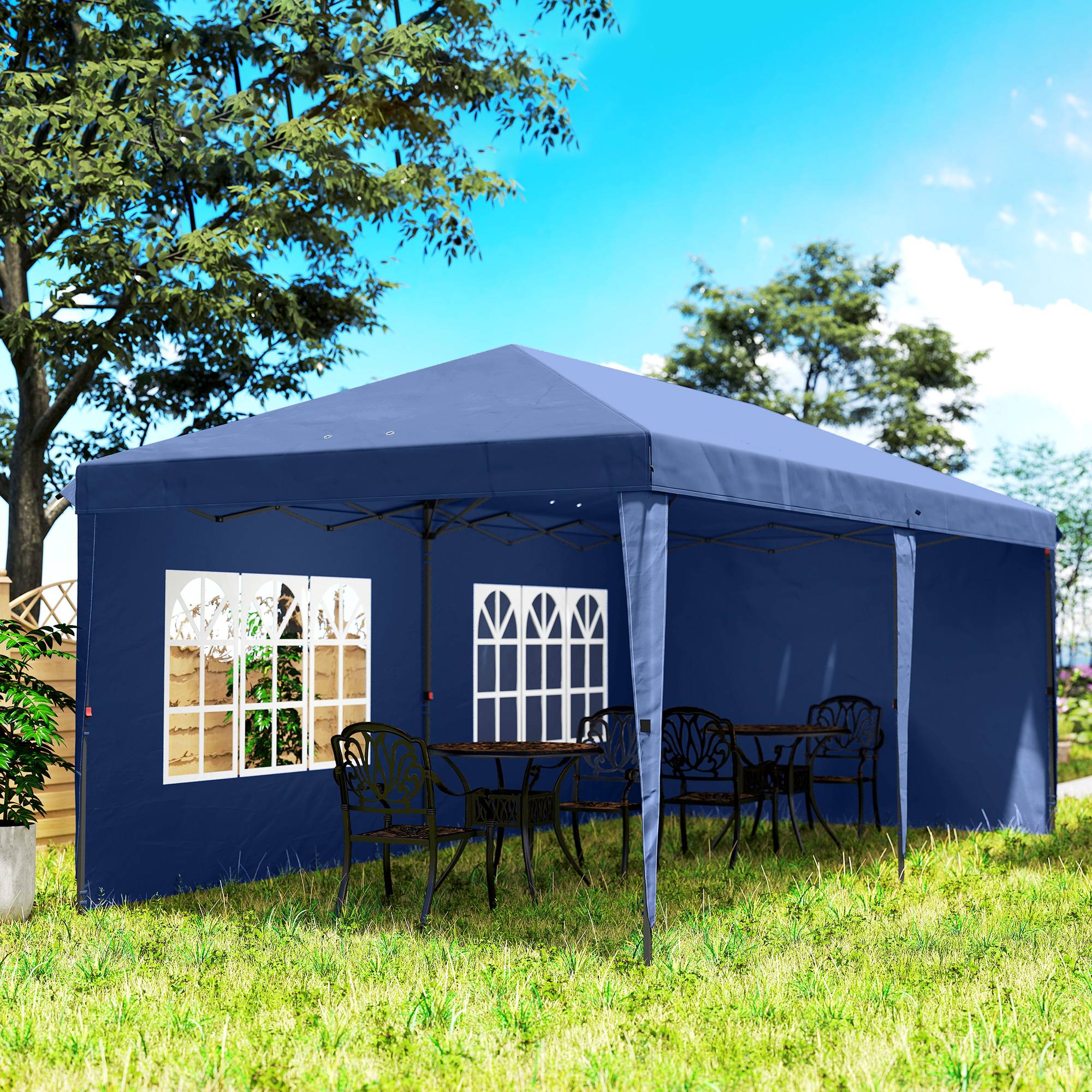 Tente pliante pop-up 6 x 3 m avec 4 côtés détachables, tonnelle de jardin avec 2 fenêtres et sac de transport, bleue - Image 10