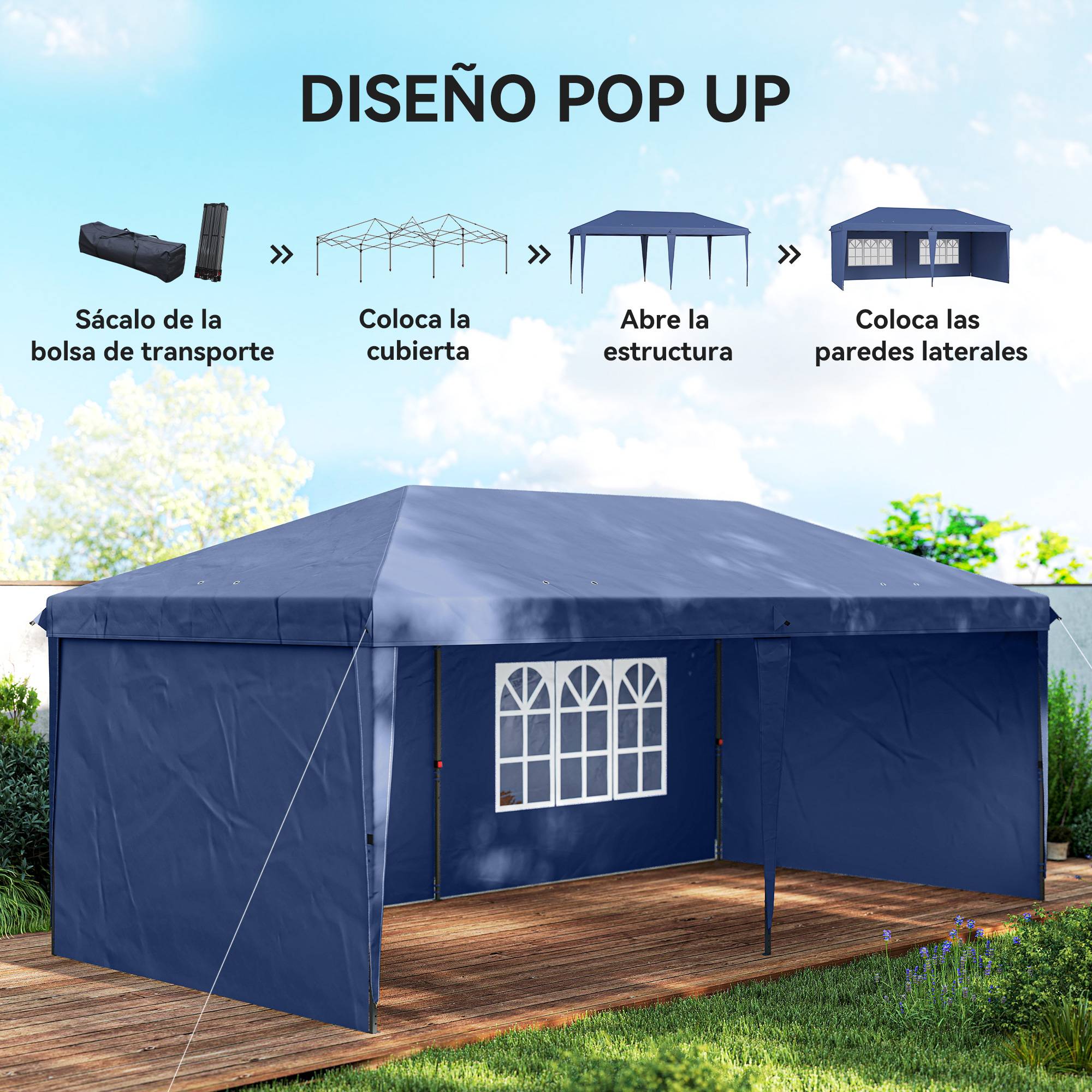 Tente pliante pop-up 6 x 3 m avec 4 côtés détachables, tonnelle de jardin avec 2 fenêtres et sac de transport, bleue - Image 6