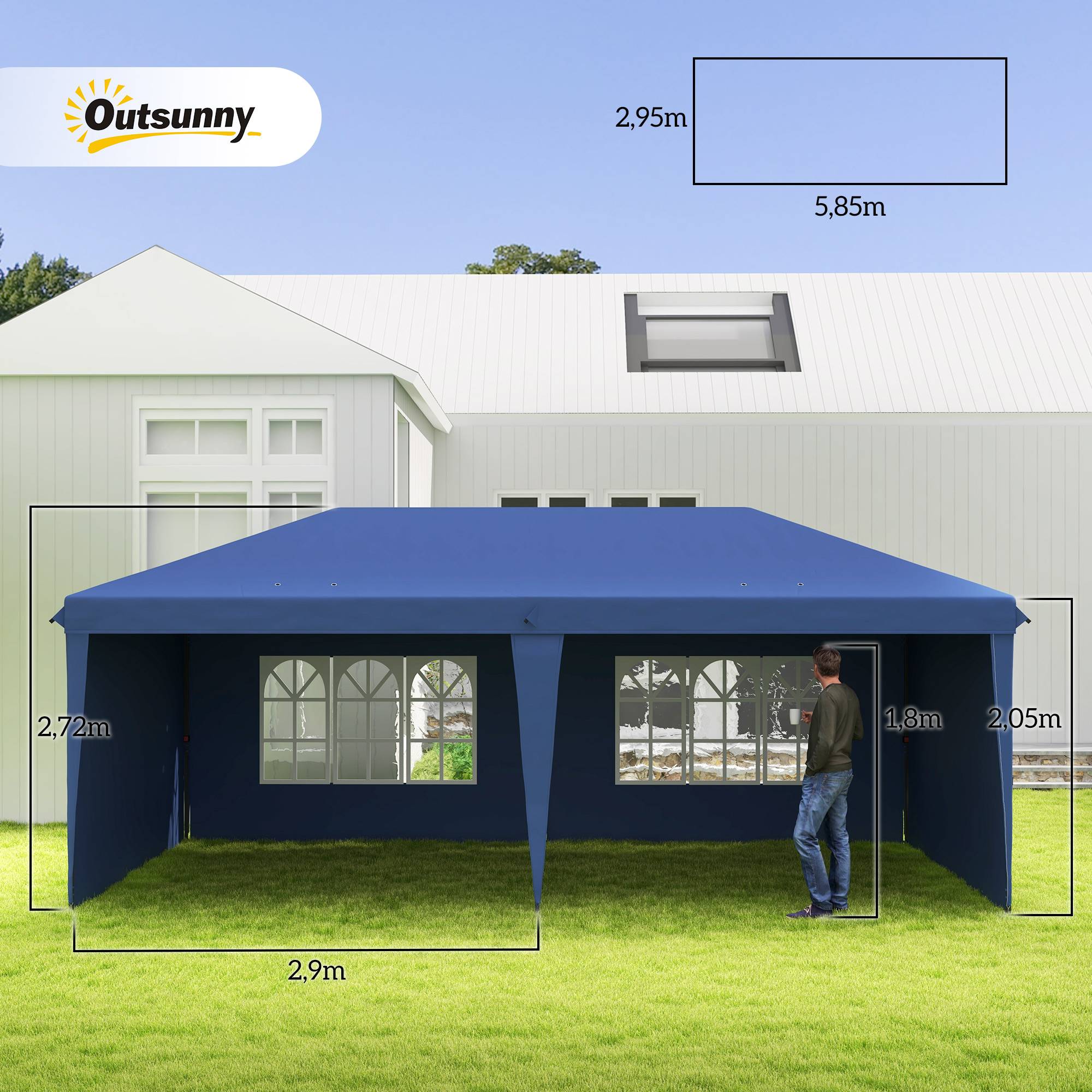 Tente pliante pop-up 6 x 3 m avec 4 côtés détachables, tonnelle de jardin avec 2 fenêtres et sac de transport, bleue - Image 5