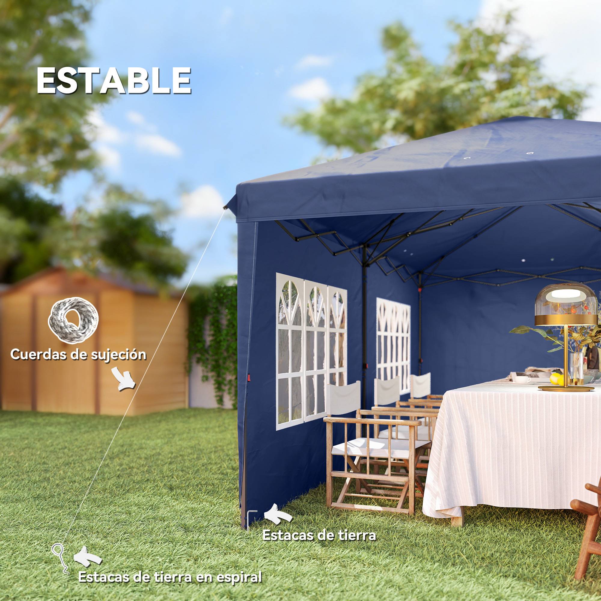 Tente pliante pop-up 6 x 3 m avec 4 côtés détachables, tonnelle de jardin avec 2 fenêtres et sac de transport, bleue - Image 9