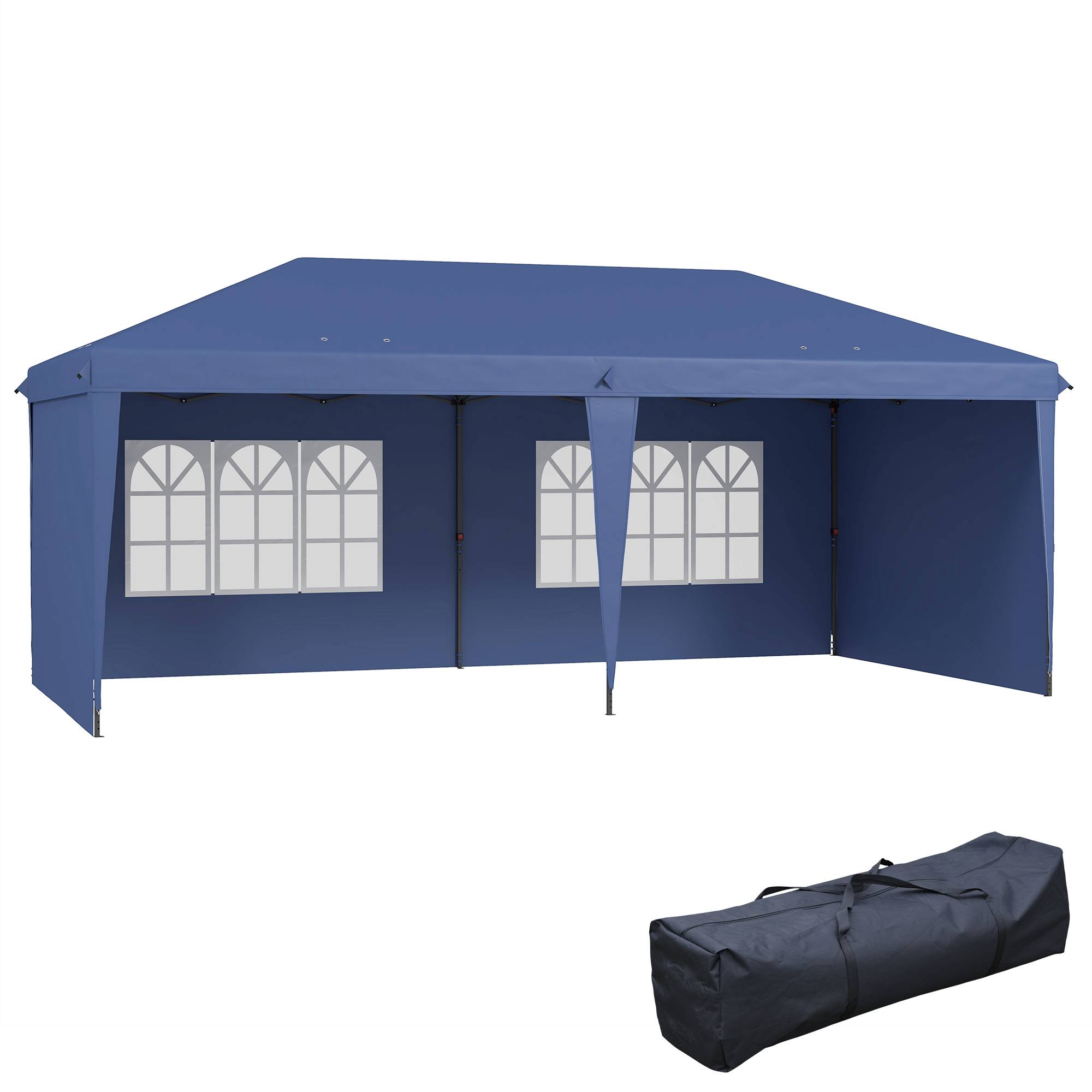 Tente pliante pop-up 6 x 3 m avec 4 côtés détachables, tonnelle de jardin avec 2 fenêtres et sac de transport, bleue - Image 1