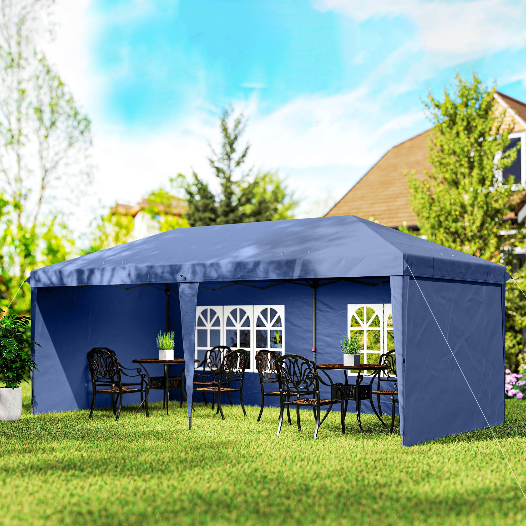 Tente pliante pop-up 6 x 3 m avec 4 côtés détachables, tonnelle de jardin avec 2 fenêtres et sac de transport, bleue - Image 4
