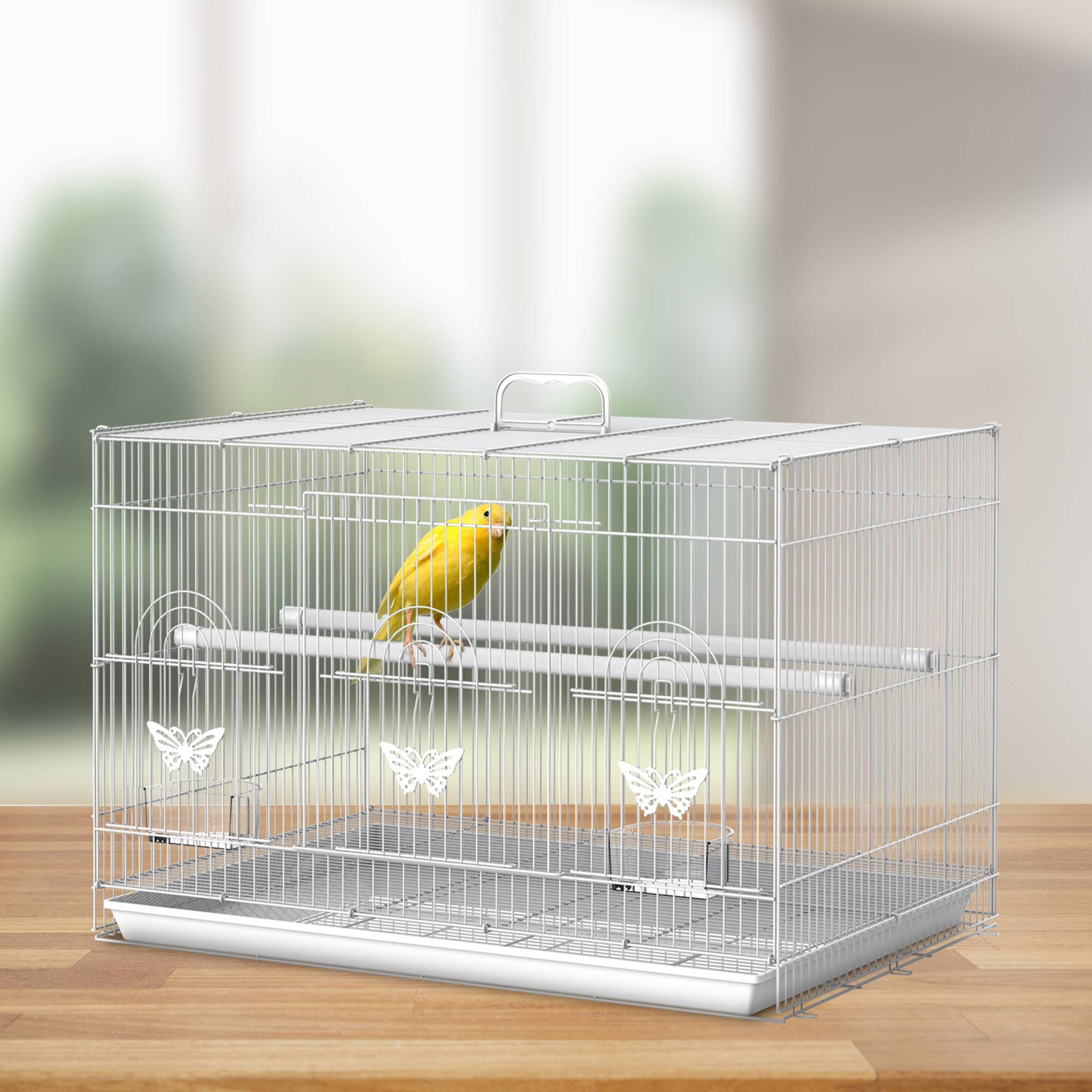 Cage pour oiseaux en métal avec perchoirs, mangeoires et poignée, 60x41x41 cm - Image 4