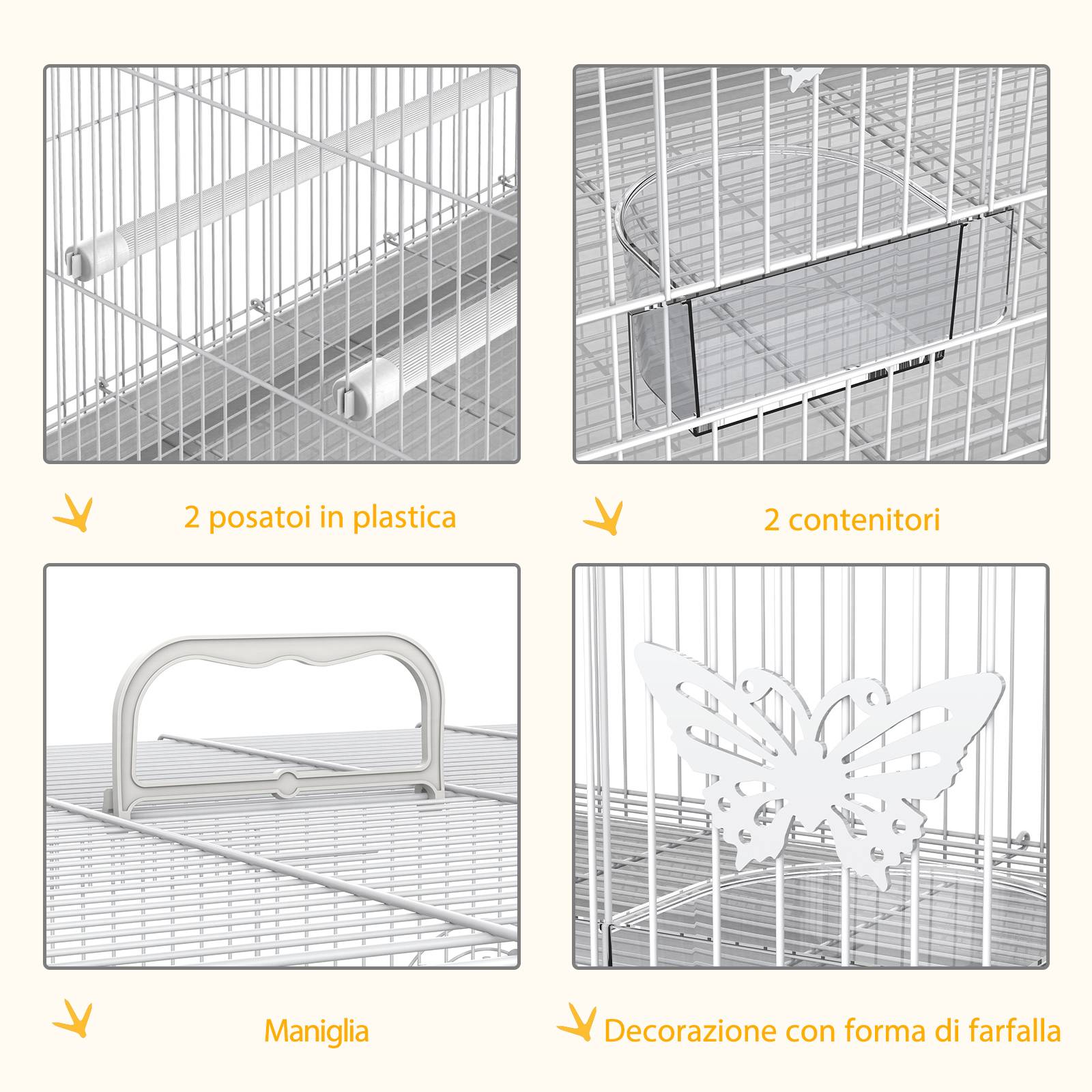 Cage pour oiseaux en métal avec perchoirs, mangeoires et poignée, 60x41x41 cm - Image 9