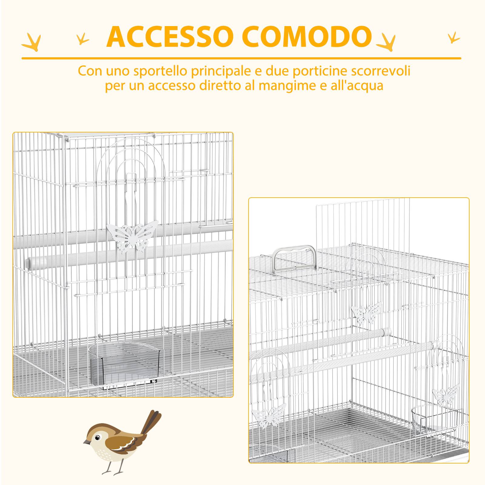 Cage pour oiseaux en métal avec perchoirs, mangeoires et poignée, 60x41x41 cm - Image 7