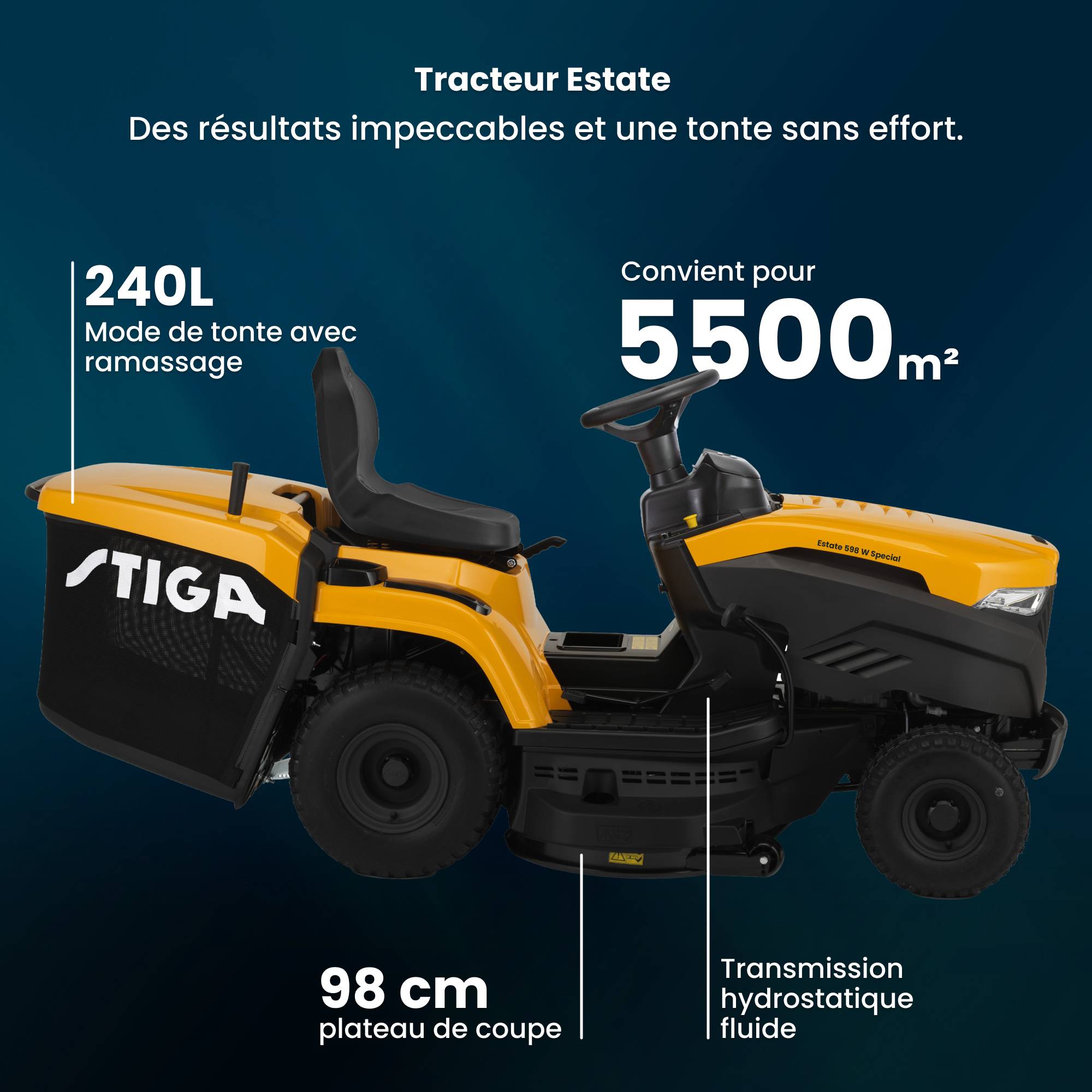 Stiga - Estate 598 W 530 cc, 98 cm – Bac 240 l, Mulching Inclus – Pelouses Jusqu'à 5 500 m² - STIGA - Image 2