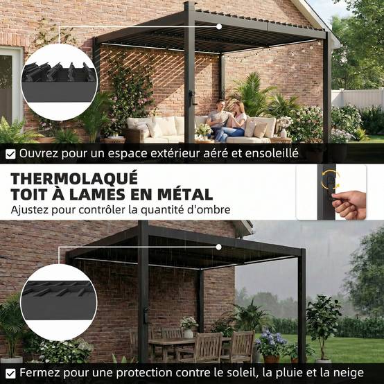 Pergola Bioclimatique Métal pour Terrasse Lames Orientables et LED 3x3m Noir - ComfortXL Outdoor Living - Image 7