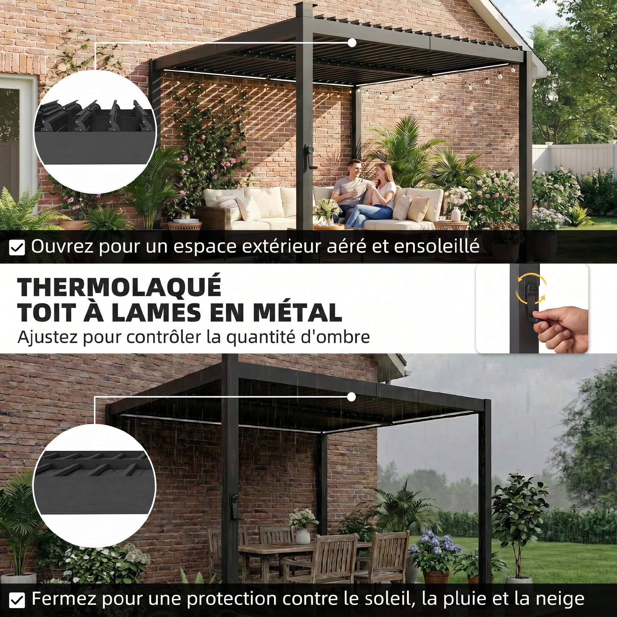 Pergola Bioclimatique Métal pour Terrasse Lames Orientables et LED 3x3m Noir - ComfortXL Outdoor Living - Image 7