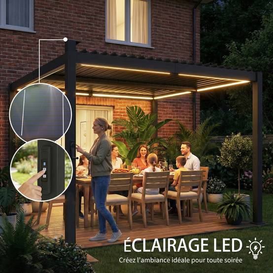 Pergola Bioclimatique Métal pour Terrasse Lames Orientables et LED 3x3m Noir - ComfortXL Outdoor Living - Image 6