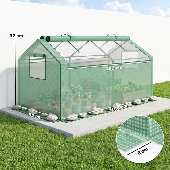 ComfortXL - Mini serre tunnel métal et PE vert 180 x 92 x 92 cm 2 fenêtres filet protection froid oiseaux balcon - Image 3