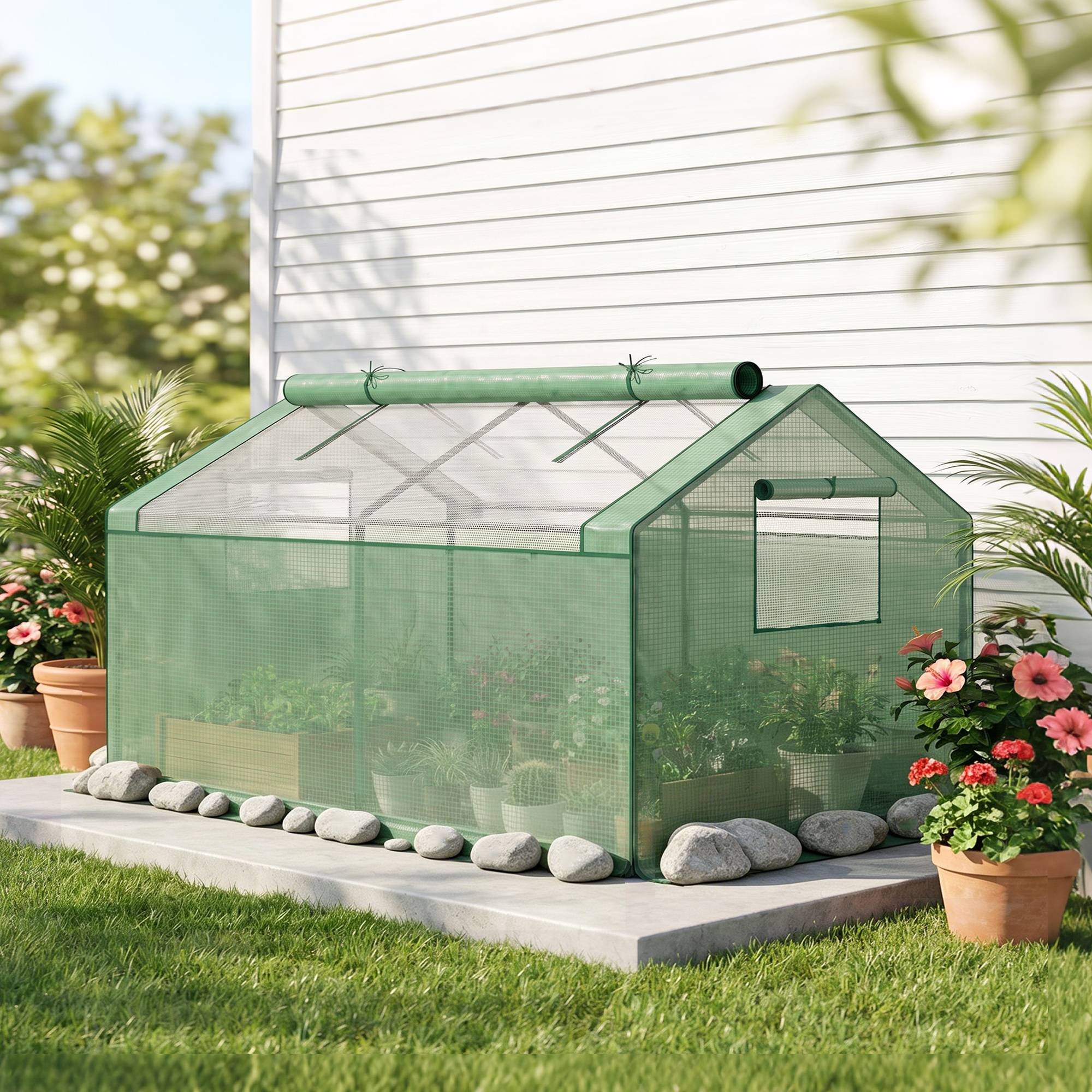 ComfortXL - Mini serre tunnel métal et PE vert 180 x 92 x 92 cm 2 fenêtres filet protection froid oiseaux balcon - Image 8