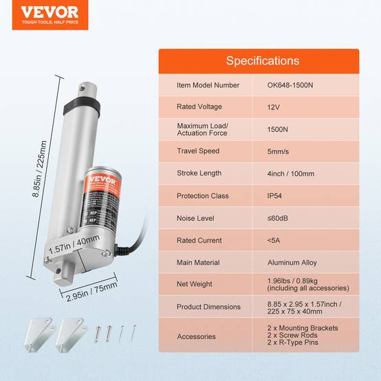Vevor - VEVOR Actionneur linéaire 12V 100 mm, 330 lb/1500 N, 5 mm/s, IP54, support, meubles, automatisation. - Image 7