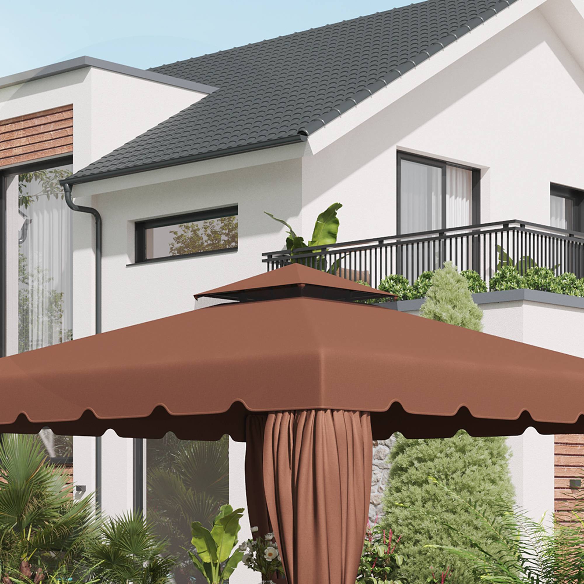 Toit de rechange pour cenador 3x3 m, housse de rechange avec double toit et 8 trous de drainage, cafe - Image 10