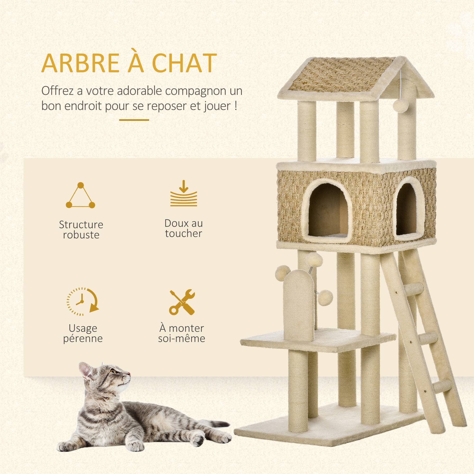 Pawhut - Arbre à chats style cosy chic griffoirs sisal naturel grande niche plateforme échelle jeu boules tourniquet peluche courte cordes d'algues tressées - Imagen 4