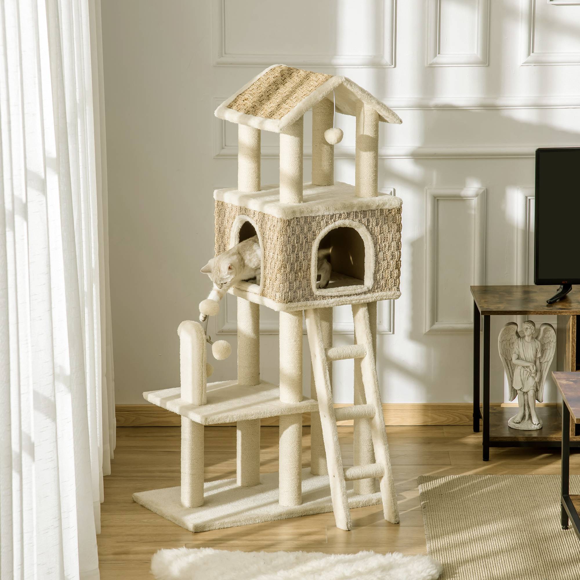 Pawhut - Arbre à chats style cosy chic griffoirs sisal naturel grande niche plateforme échelle jeu boules tourniquet peluche courte cordes d'algues tressées - Imagen 2