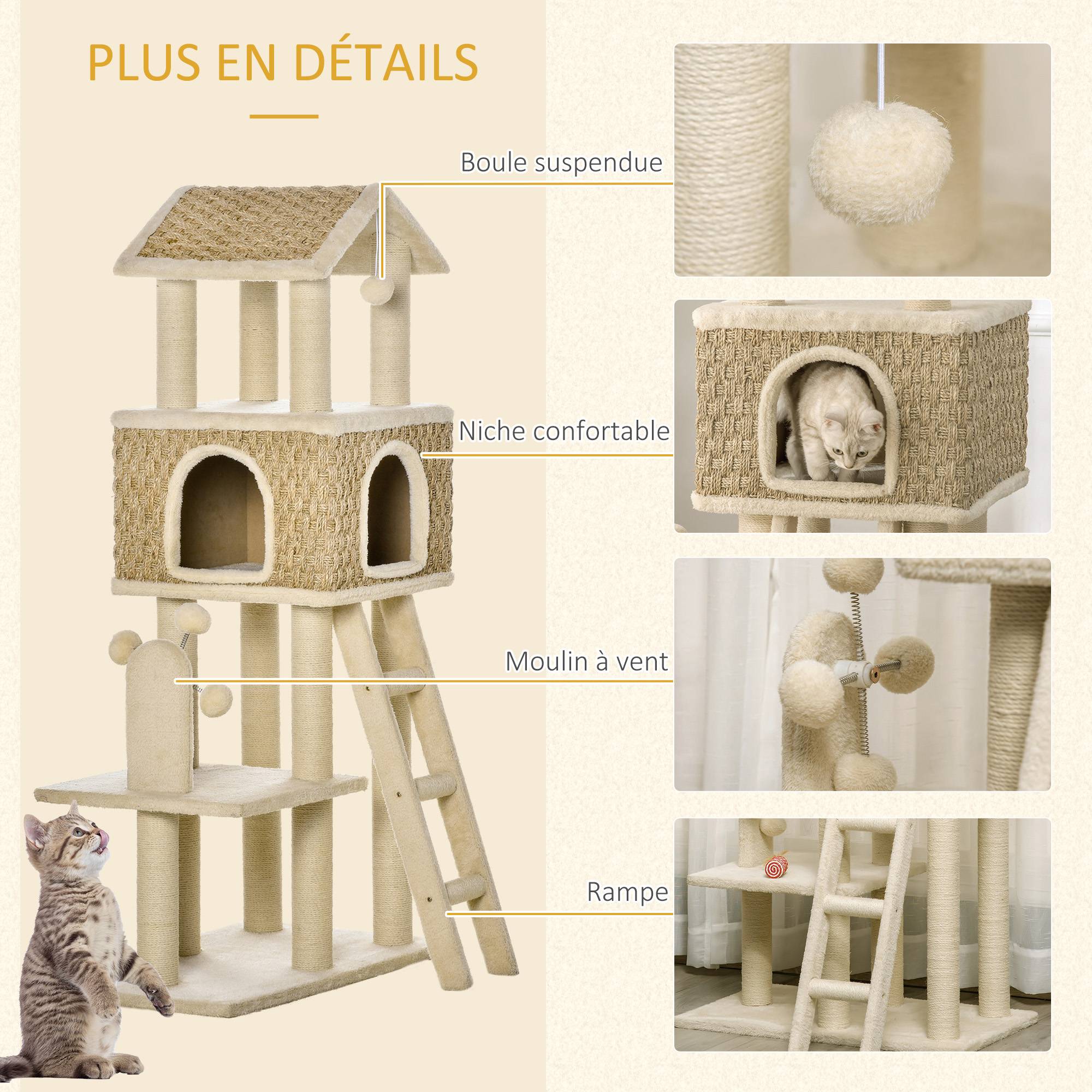 Pawhut - Arbre à chats style cosy chic griffoirs sisal naturel grande niche plateforme échelle jeu boules tourniquet peluche courte cordes d'algues tressées - Imagen 5