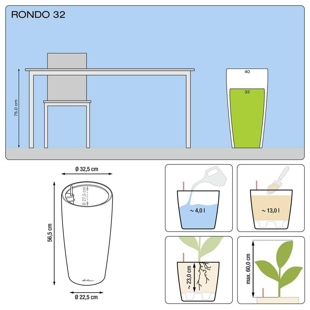 Lechuza - Pot Rondo Premium 32 - kit complet, noir brillant  Ø 32 cm Lechuza - Imagen 2