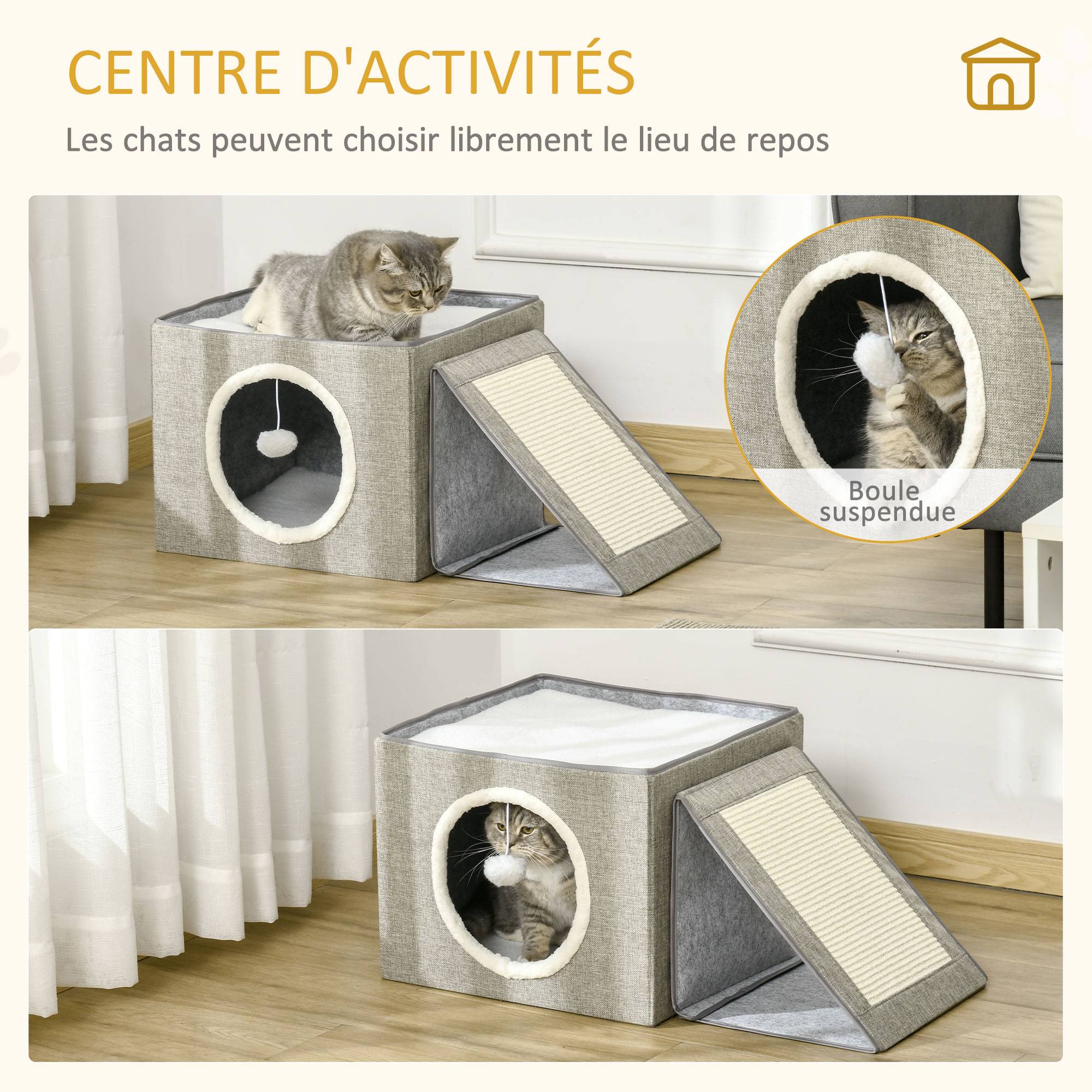 Pawhut - Maison niche pour chat pliable - 2 coussins moelleux, boule suspendue, grattoir - dim. 73 x 42 x 34 cm - MDF sisal polyester gris - Imagen 4