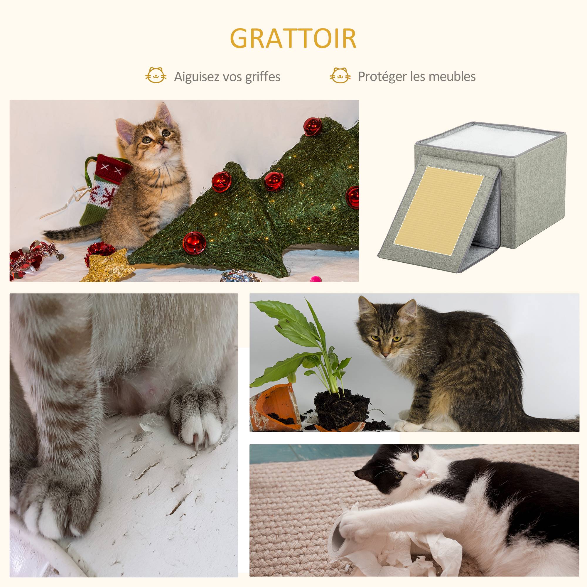 Pawhut - Maison niche pour chat pliable - 2 coussins moelleux, boule suspendue, grattoir - dim. 73 x 42 x 34 cm - MDF sisal polyester gris - Imagen 5