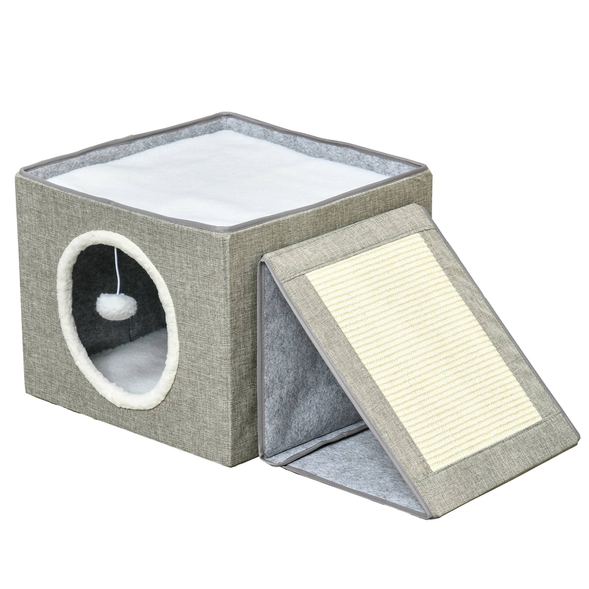 Pawhut - Maison niche pour chat pliable - 2 coussins moelleux, boule suspendue, grattoir - dim. 73 x 42 x 34 cm - MDF sisal polyester gris - Imagen 1