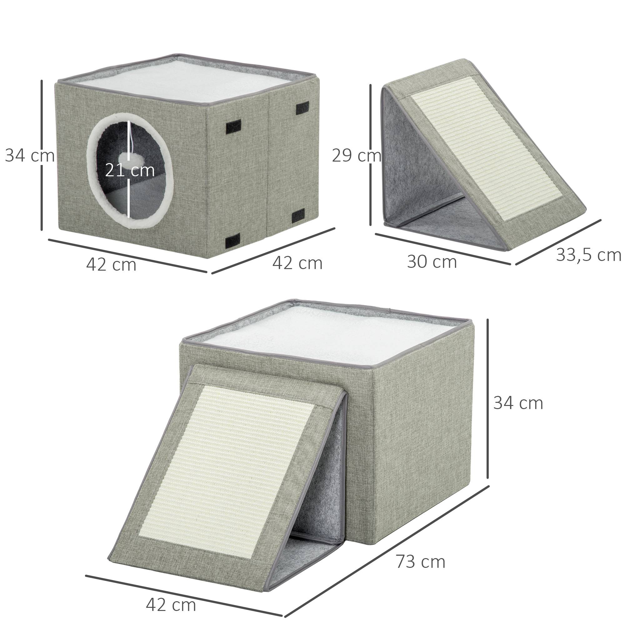 Pawhut - Maison niche pour chat pliable - 2 coussins moelleux, boule suspendue, grattoir - dim. 73 x 42 x 34 cm - MDF sisal polyester gris - Imagen 3