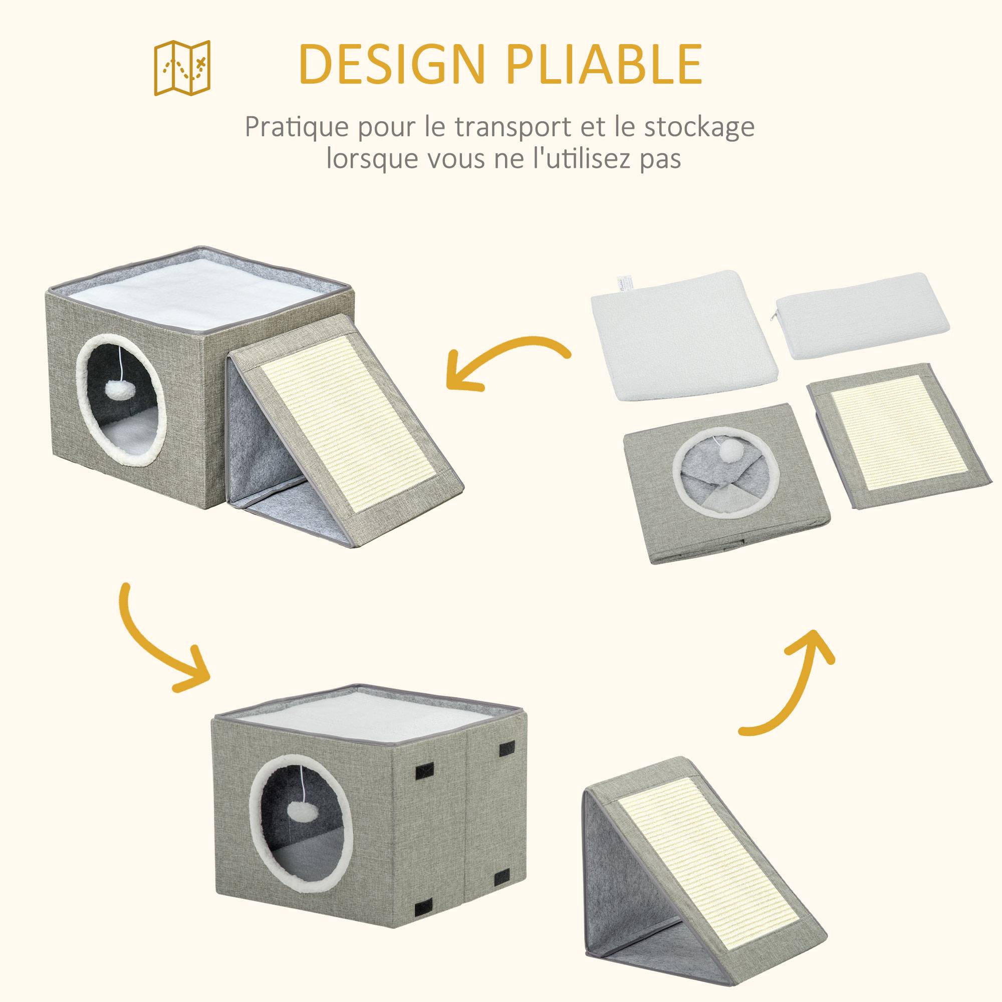 Pawhut - Maison niche pour chat pliable - 2 coussins moelleux, boule suspendue, grattoir - dim. 73 x 42 x 34 cm - MDF sisal polyester gris - Imagen 6