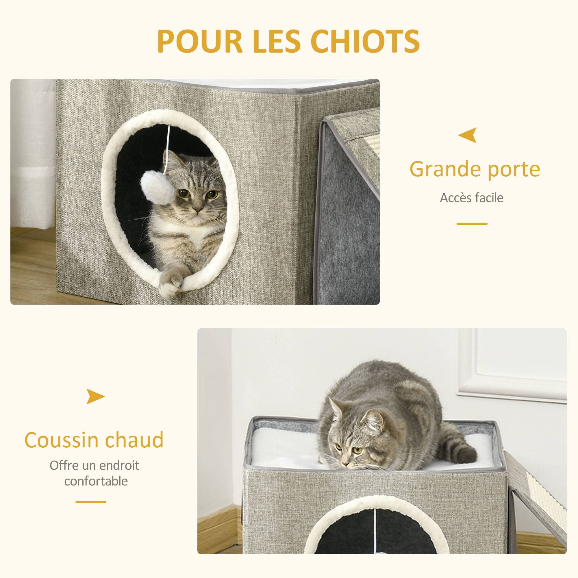 Pawhut - Maison niche pour chat pliable - 2 coussins moelleux, boule suspendue, grattoir - dim. 73 x 42 x 34 cm - MDF sisal polyester gris - Imagen 7