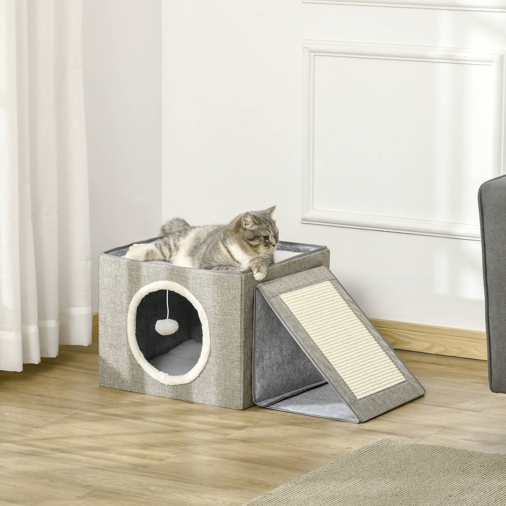 Pawhut - Maison niche pour chat pliable - 2 coussins moelleux, boule suspendue, grattoir - dim. 73 x 42 x 34 cm - MDF sisal polyester gris - Imagen 2