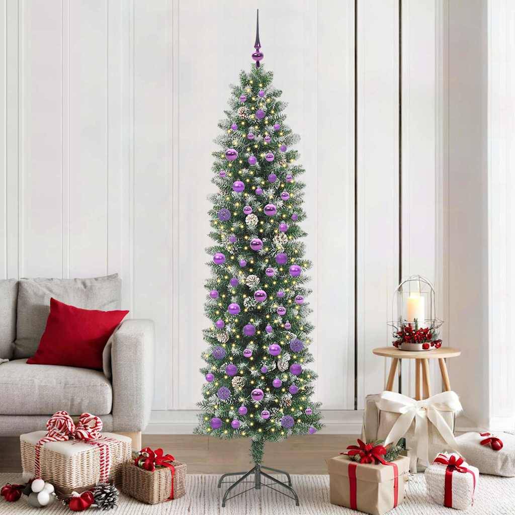 Sapin de Noël | Arbre de Noël artificiel slim avec 300 LED Vert et blanc 210 cm Maison Chic - Image 2