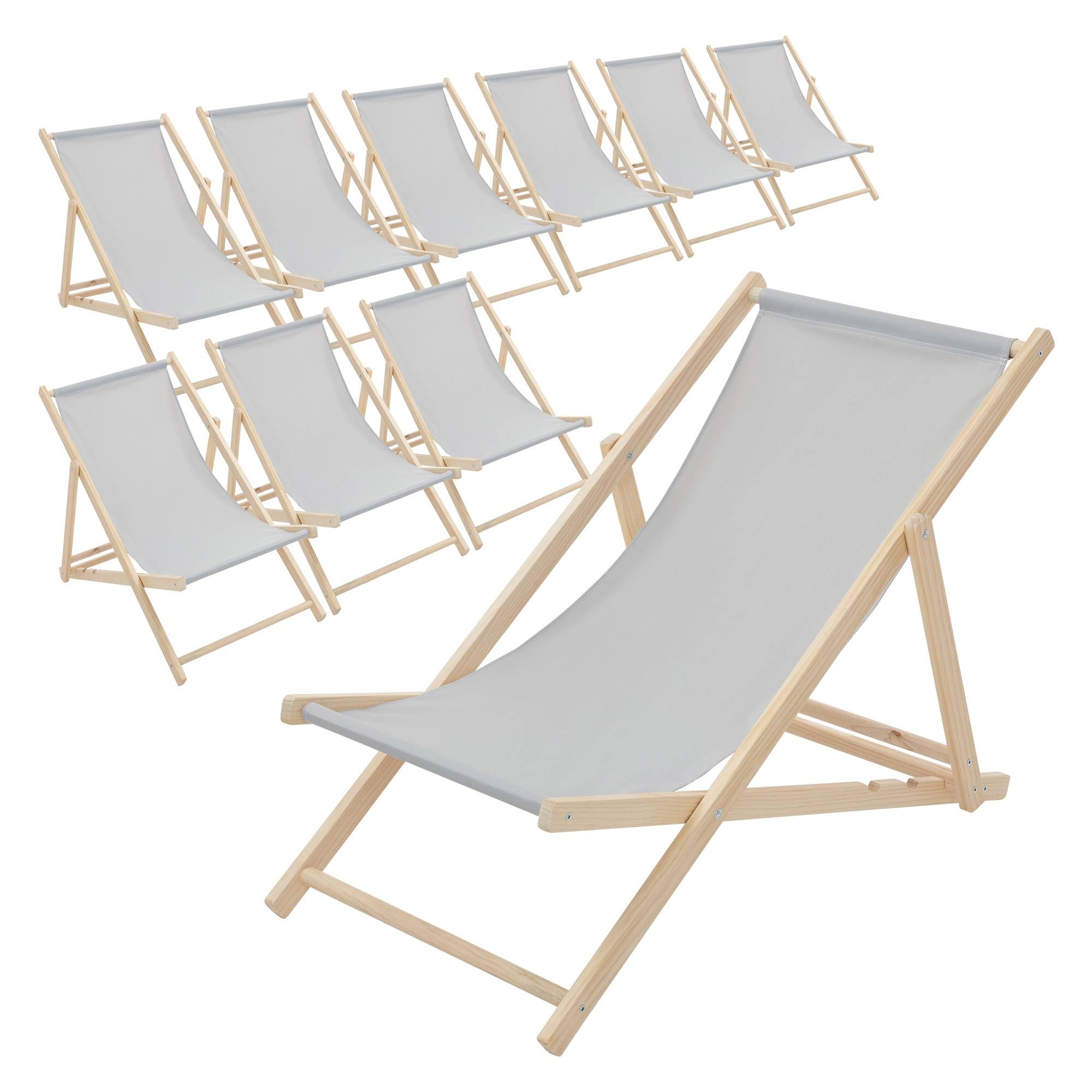 Ecd-Germany - Set 10x Chaise longue de jardin pliable gris clair en bois chiliennes 3 positions de couchage jusqu'à 120 kg usage intérieur extérieur balcon terrasse - Imagen 2