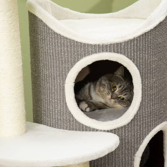Arbre à chat de 109 cm avec griffoir et coussin pour chat, poteaux en sisal, design moderne blanc et gris pour les amoureux des chats - Image 7
