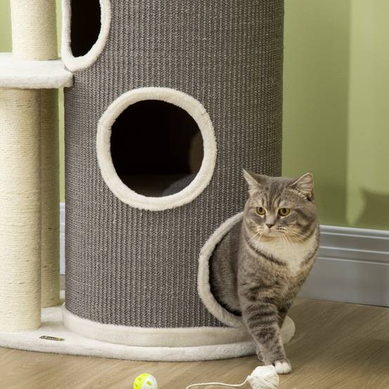 Arbre à chat de 109 cm avec griffoir et coussin pour chat, poteaux en sisal, design moderne blanc et gris pour les amoureux des chats - Image 8