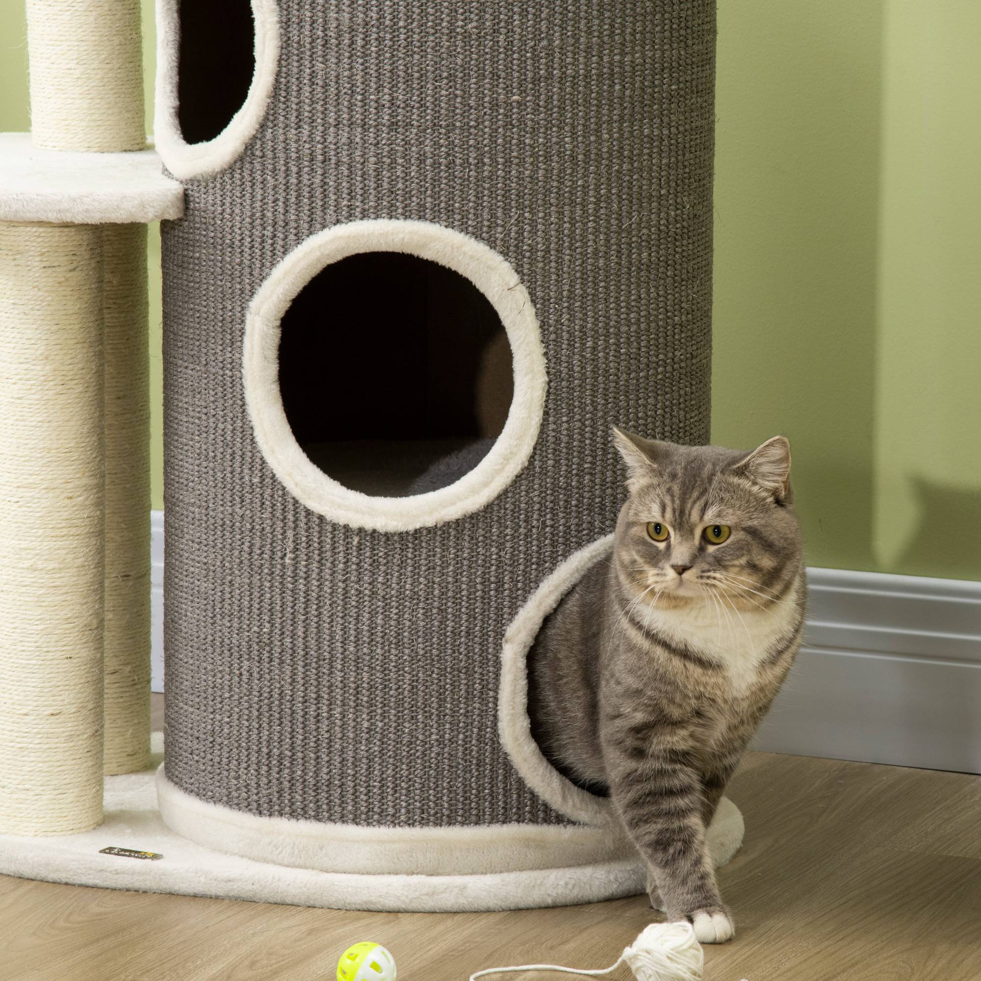 Arbre à chat de 109 cm avec griffoir et coussin pour chat, poteaux en sisal, design moderne blanc et gris pour les amoureux des chats - Image 8