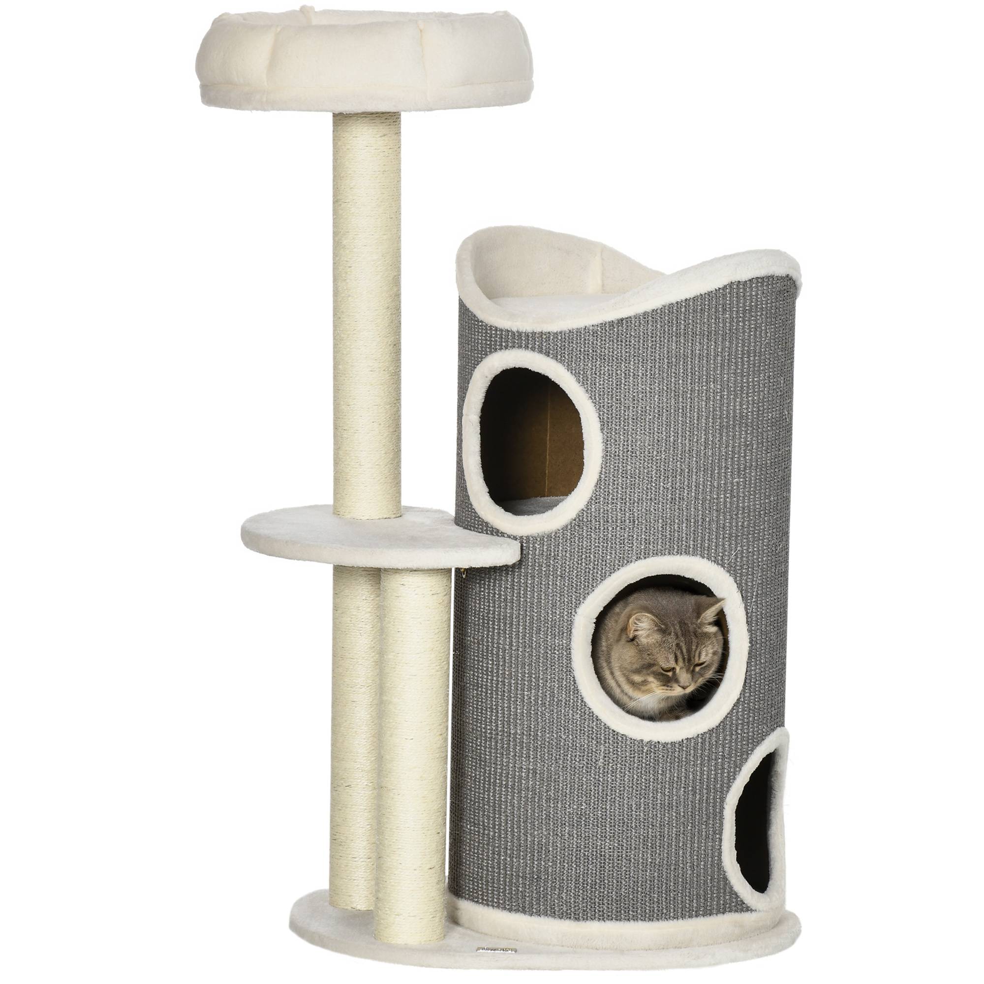 Arbre à chat de 109 cm avec griffoir et coussin pour chat, poteaux en sisal, design moderne blanc et gris pour les amoureux des chats - Image 1